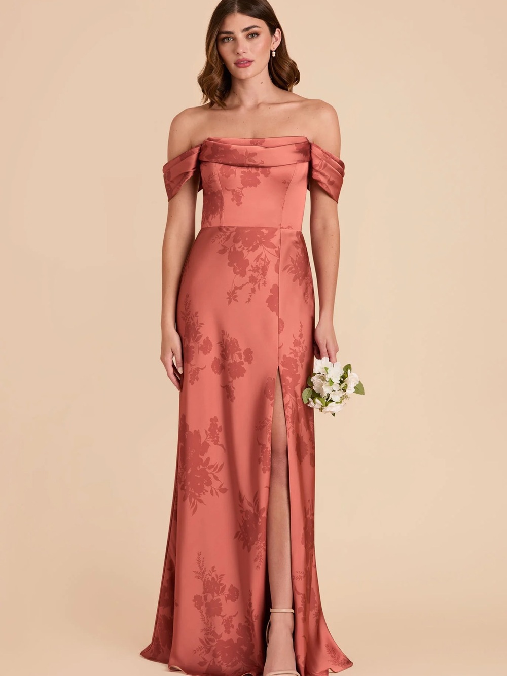 Mia Off-Shoulder Matte Satin Floral Jacquard Gown in Wild Rose Whimsical Blooms
